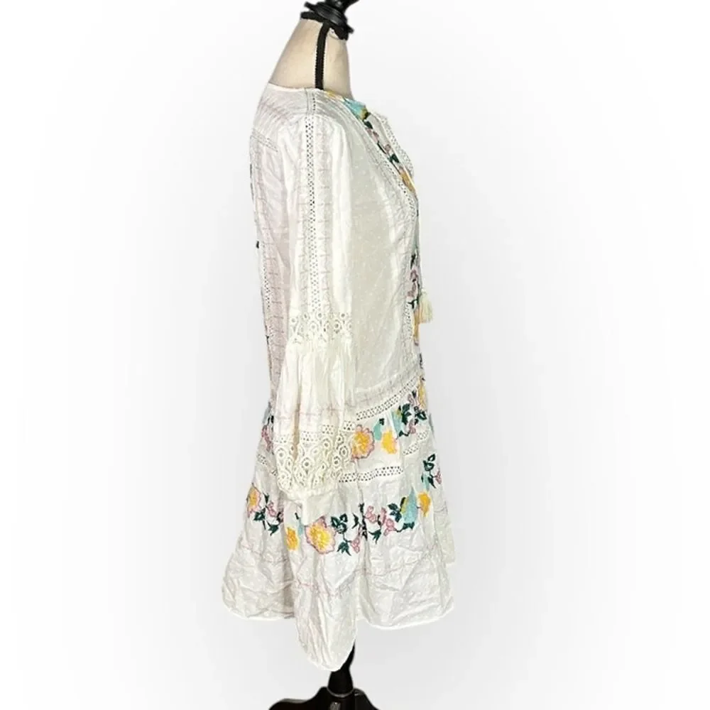 Tory Burch Mini Dress Women's XS White Blue Embroidered Boho Long Sleeve V-Neck